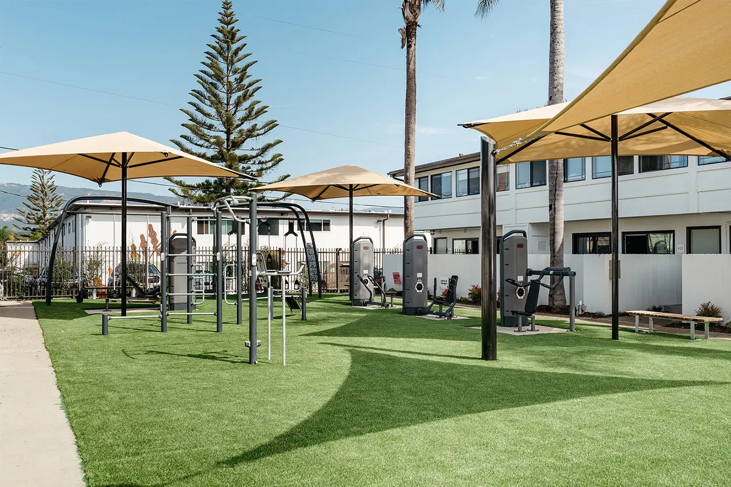 Outdoor strength training and fitness equipment at State on Campus Santa Barbara